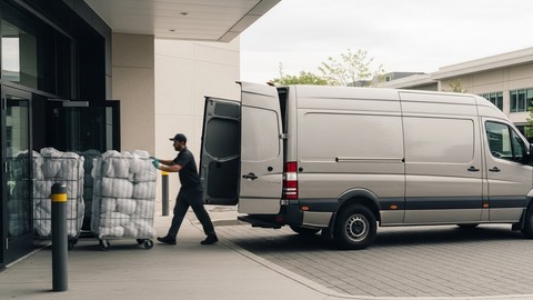 Fresh Fold driver loading bundled commercial laundry into a delivery van at a client location